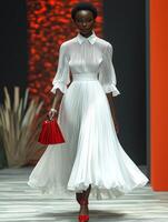 Elegant fashion model showcasing a white outfit with red accessories on runway photo