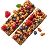 Nutritious granola bars with mixed berries and nuts displayed on a white background isolated on transparent background png