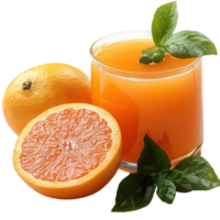 Freshly squeezed orange juice with orange fruit and green leaves displayed on the table isolated on transparent background png