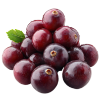 Fresh and ripe black currants piled together with a green leaf in bright lighting for showcasing their juicy texture and color isolated on transparent background png