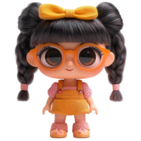 Cute doll with glasses and braided hair wearing a vibrant outfit and yellow bow in a playful setting isolated on transparent background png