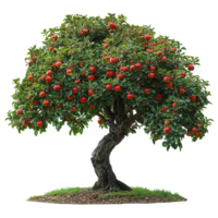 Red apple tree full of ripe fruit stands prominently in a garden setting during late summer afternoon isolated on transparent background png