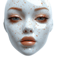 Contemporary porcelain face sculpture displaying unique speckled texture and striking blue eyes with detailed features isolated on transparent background png