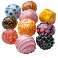 Colorful assortment of handmade candies displayed on a white background showcasing various textures and patterns isolated on transparent background png