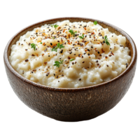 Creamy mashed potatoes with herbs and spices in a rustic bowl for a comforting dish isolated on transparent background png