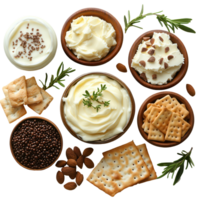 Assorted dairy spreads and crackers arranged on a white background with herbs and nuts isolated on transparent background png