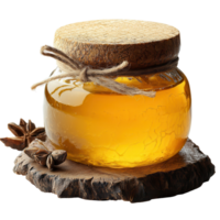 Natural honey jar on wooden base with spices, perfect for culinary uses and health benefits isolated on transparent background png