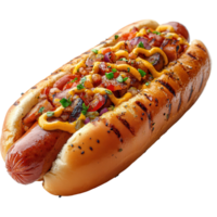 grelhado linguiça dentro uma suave pão coberto com cebolas e mostarda pronto para uma verão churrasco encontro isolado em transparente fundo png