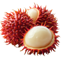 Fresh rambutan fruit with vibrant red skin and creamy white pulp displayed on a plain background isolated on transparent background png