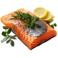Fresh salmon fillet garnished with herbs and lemon slices ready for culinary preparation isolated on transparent background png