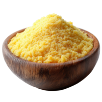 Yellow cornmeal displayed in a wooden bowl, showcasing its fine texture and vibrant color for culinary use isolated on transparent background png