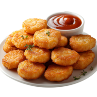 Crispy fried snacks served with savory dipping sauce on a white plate isolated on transparent background png