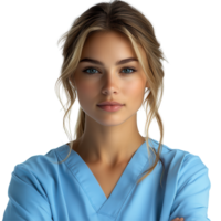 Young healthcare professional in scrubs gazes confidently at the camera against a plain background isolated on transparent background png