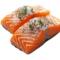 Fresh salmon fillets with herbs and spices on a black serving platter ready for cooking or grilling isolated on transparent background png