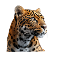 Majestic leopard gazing serenely with striking features and vivid coat isolated on transparent background png