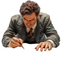 Creative artist sketching on a blank page in a vintage outfit with attention to detail in a well-lit environment isolated on transparent background png