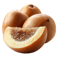 Fresh and sweet sapote fruit displayed with a sliced piece revealing its rich interior and texture isolated on transparent background png