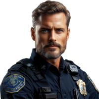 concentré police officier dans uniforme permanent en toute confiance avec bras franchi dans une neutre réglage isolé sur transparent Contexte png