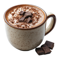 Warm cup of rich hot chocolate topped with chocolate shavings and chunks served on a cozy table setting isolated on transparent background png