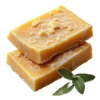 Handmade natural soap bars with herbal ingredients and fresh leaves on a white background isolated on transparent background png