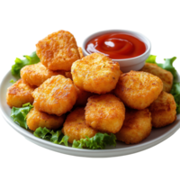 Crispy golden nuggets served with a side of tomato dipping sauce on a white plate with fresh lettuce isolated on transparent background png