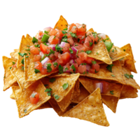 Delicious nachos topped with fresh salsa, cilantro, and diced vegetables at a festive gathering isolated on transparent background png