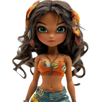 Doll with long hair and stylish outfit poses against a white background during a playful fashion display isolated on transparent background png