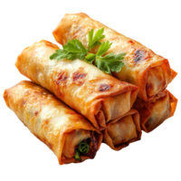Crispy spring rolls stacked and garnished with fresh herbs ready to be enjoyed at a casual dining setting isolated on transparent background png