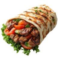 Delicious wrap filled with grilled meat, fresh vegetables, and herbs from a local restaurant isolated on transparent background png