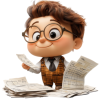 Young boy with glasses joyfully organizing paperwork while surrounded by documents in a workspace isolated on transparent background png