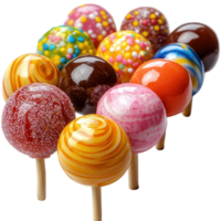 Colorful assortment of candy lollipops displayed on sticks at a festive gathering isolated on transparent background png