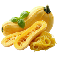 Fresh spaghetti squash with vibrant yellow color and basil leaves displayed on a light background isolated on transparent background png