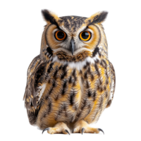 Majestic owl perched in a life-like stance, showcasing intricate feather patterns and vibrant eyes in a natural setting isolated on transparent background png