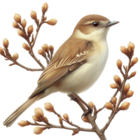 Beautiful small bird perched on a flowering branch in early spring daylight isolated on transparent background png