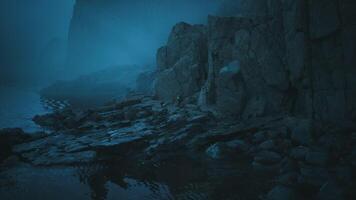 Mysterious twilight at rocky shore with adventurous explorers video