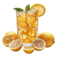 Refreshing iced tea with lemon slices and mint leaves served on a table with fresh lemons nearby isolated on transparent background png