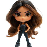 Stylish action figure with long hair and confident pose in a dynamic setting isolated on transparent background png