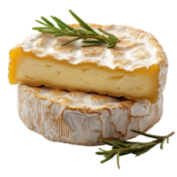 Distinctive round cheese with creamy center and fresh herbs on the side isolated on transparent background png