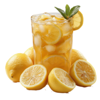 Refreshing lemon drink with ice and fresh lemon slices garnished with mint leaves on a bright background isolated on transparent background png
