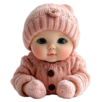 Unique handmade doll in cozy pink knit outfit with a matching hat and charming features isolated on transparent background png
