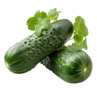 Fresh cucumbers with green leaves on a white background showcasing their smooth texture and vibrant color isolated on transparent background png