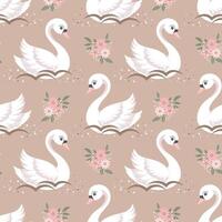 Seamless pattern with swans and pink flowers on beige background. Cute background for decorating vector