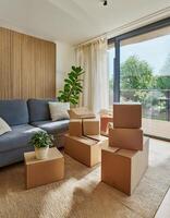 Moving Journey Cardboard Boxes Scattered in a Modern Home photo