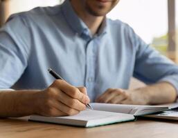 Study in Progress Male Hand Writing in Notebook During Online Class photo