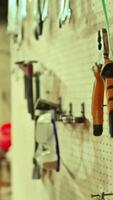 View of a wall with different work instruments in furniture factory, Tool Collection in Cabinet Making Workshop. High quality 4k footage video