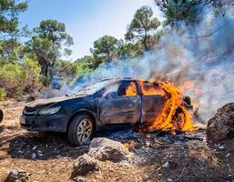 A car accident in the middle of a forest, with crash-damaged vehicles, surrounded by trees and natural photo