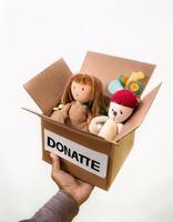 Generosity Displayed, Hands Holding a 'Donate' Box with a Toy photo
