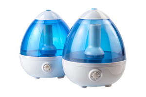 Compact ultrasonic humidifiers with blue and white design for clean air, photographed on a transparent background for product representation png