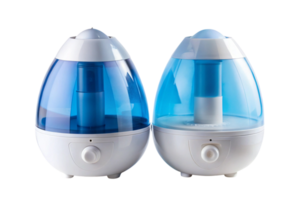 Ultrasonic humidifiers releasing vapor for air purification, displayed in close up against a bright and clean transparent background png