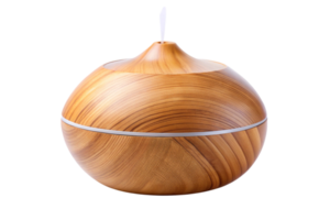 Modern essential oil diffuser with natural wood grain emitting mist, perfect for aromatherapy and home relaxation, on transparent background png